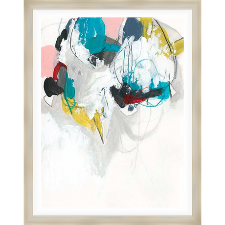 This abstract art print features bold brushstrokes and overlapping shapes in a vibrant color palette, creating a dynamic and modern aesthetic. This artwork makes a captivating statement piece for any contemporary space.