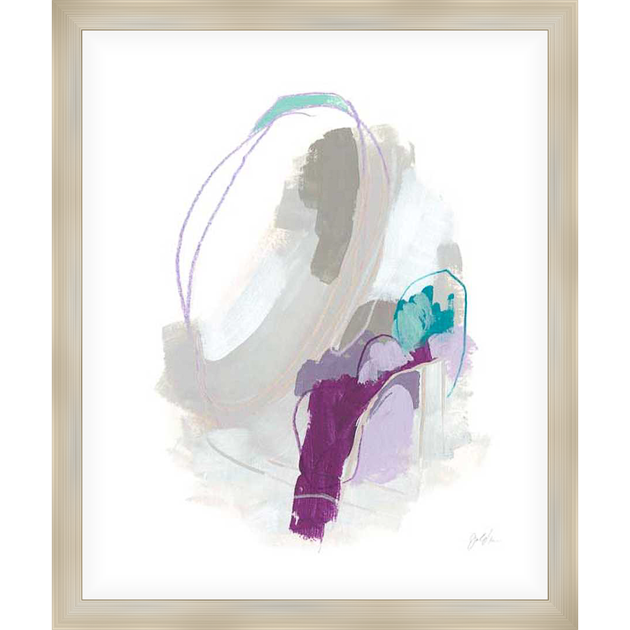 This abstract artwork features loose brushstrokes and overlapping shapes in a contemporary style. The piece uses a soothing color palette, bringing a touch of artistic flair to any space.
