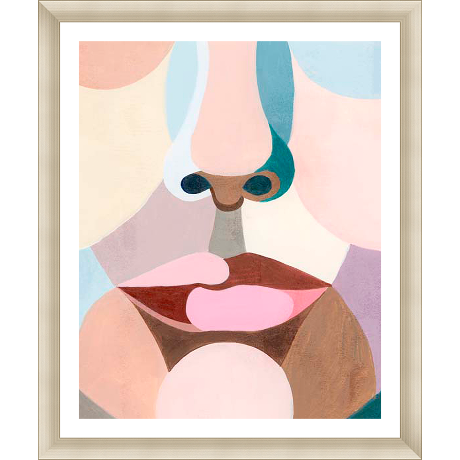 A unique and modern piece, this artwork offers an abstract interpretation of facial features. The work employs soft colors and geometric shapes to create a contemporary aesthetic. This artwork is sure to be a focal point in any room.