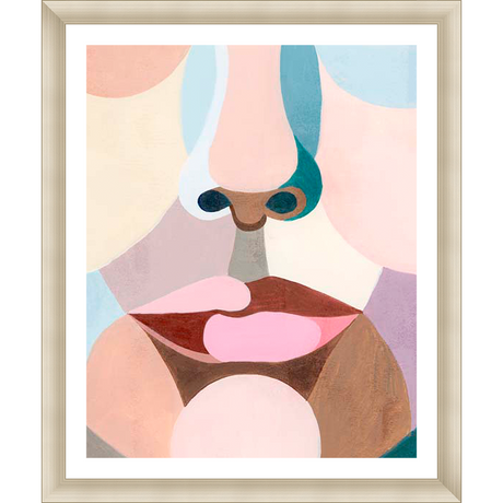 A unique and modern piece, this artwork offers an abstract interpretation of facial features. The work employs soft colors and geometric shapes to create a contemporary aesthetic. This artwork is sure to be a focal point in any room.
