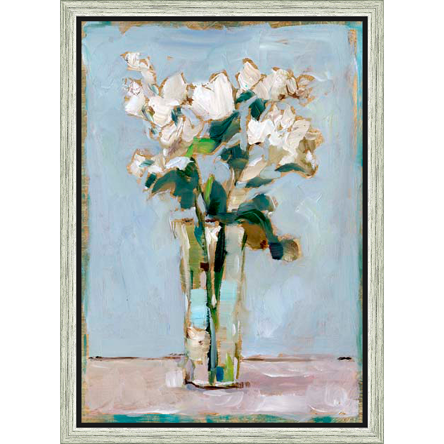 A serene still life painting showcases delicate white flowers in a glass vase, set against a soft, textured background. The artwork evokes a sense of tranquility and elegance, perfect for adding a touch of natural beauty to any space.