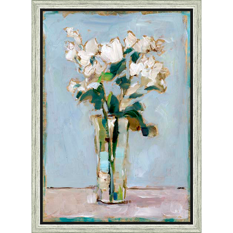A serene still life painting showcases delicate white flowers in a glass vase, set against a soft, textured background. The artwork evokes a sense of tranquility and elegance, perfect for adding a touch of natural beauty to any space.