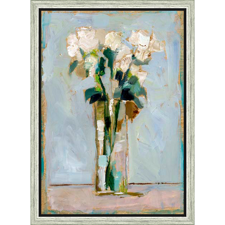 A beautiful still life painting featuring a vase of delicate white flowers with green foliage. This expressive artwork is rendered with thick brushstrokes and a soothing color palette, creating a sense of tranquility and natural beauty. Perfect for adding a touch of elegance to any space.