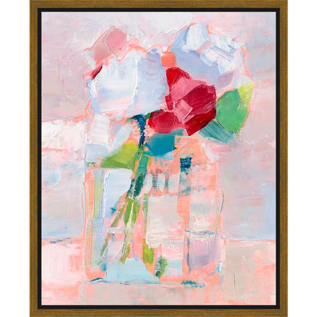 This vibrant artwork captures the essence of fresh flowers in a glass vase. The abstract strokes of color blend to create a sense of movement and light, perfect for adding a touch of elegance to any space. This painting would be a lovely addition to a bedroom or living room.