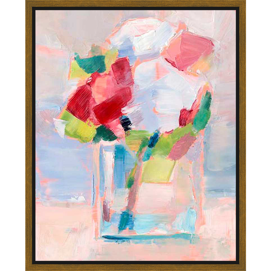 This vibrant artwork features a bouquet of expressive floral forms in a glass vase, created with loose brushstrokes and a palette of lively colors. The abstract representation captures the essence of nature with a modern, artistic flair.