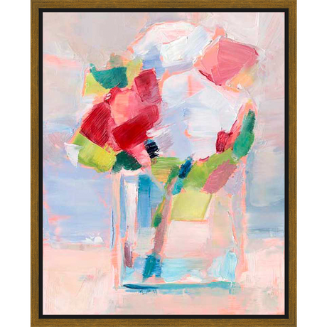 This vibrant artwork features a bouquet of expressive floral forms in a glass vase, created with loose brushstrokes and a palette of lively colors. The abstract representation captures the essence of nature with a modern, artistic flair.