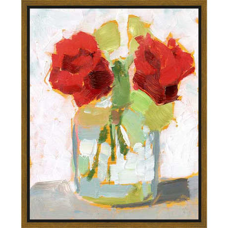 A vibrant still life painting, showcasing expressive brushstrokes and a bouquet of flowers in a glass jar. This artwork captures the beauty and spontaneity of nature through dynamic color and texture.