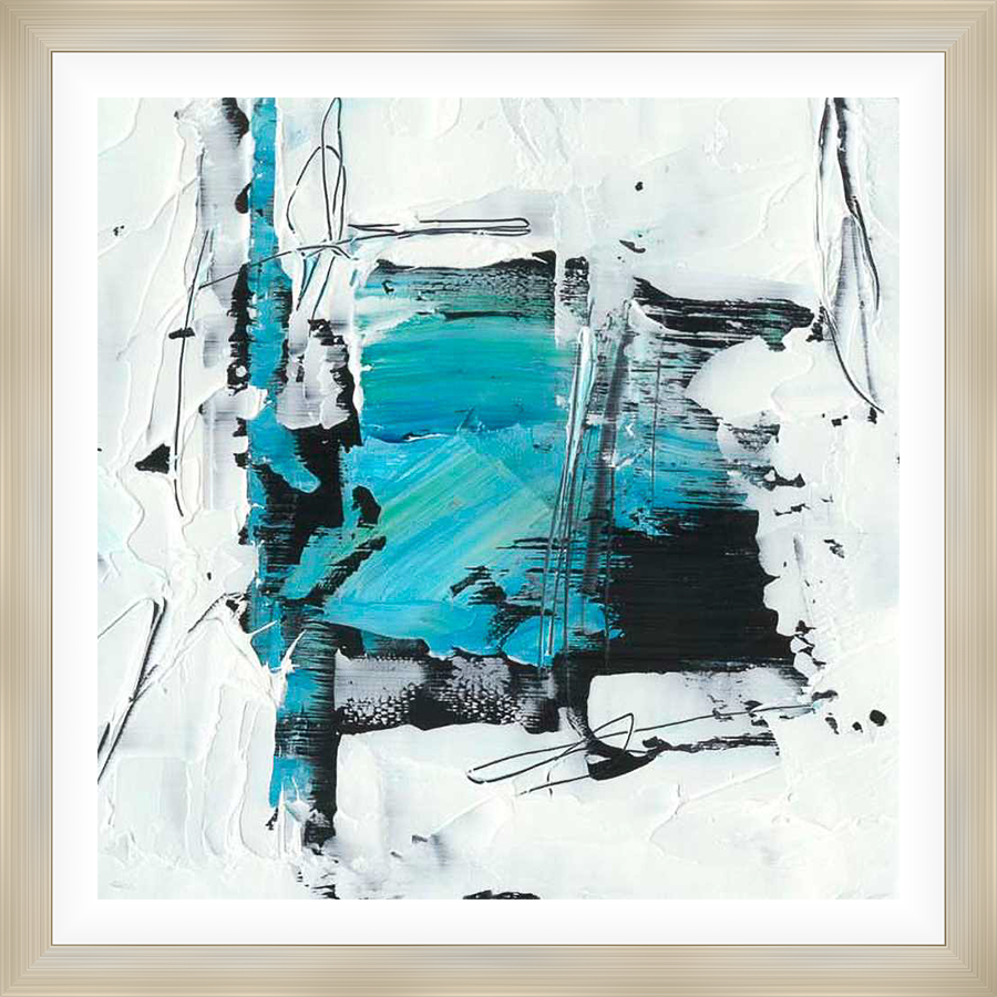 An abstract expressionist painting features textured white paint with black and blue accent strokes. The bold, dynamic composition is sure to add a modern touch to any space.