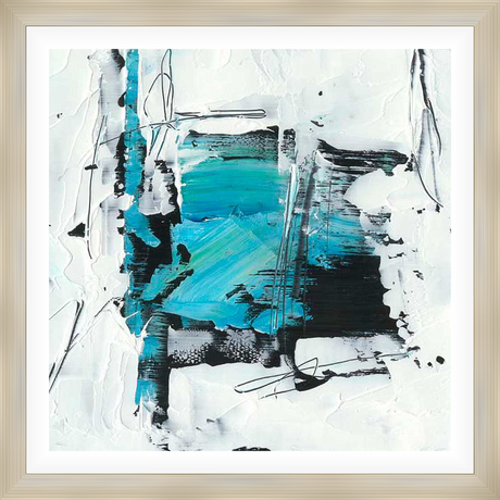 An abstract expressionist painting features textured white paint with black and blue accent strokes. The bold, dynamic composition is sure to add a modern touch to any space.