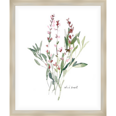 This watercolor art print beautifully captures a bouquet of Thai basil, rendered in delicate hues. The artwork evokes a sense of tranquility and natural beauty, perfect for adding a touch of elegance to any space.