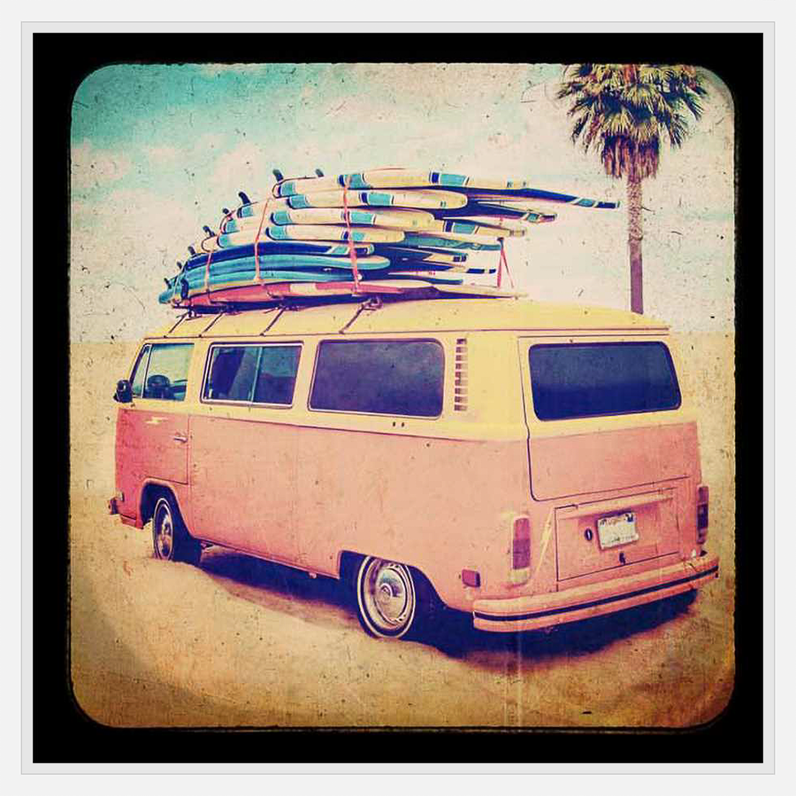 This vintage-style print captures a classic surf trip, with a retro VW van packed with surfboards parked near a palm tree. The artwork evokes feelings of freedom, adventure, and the sun-kissed days of summer, making it a perfect addition to any space.