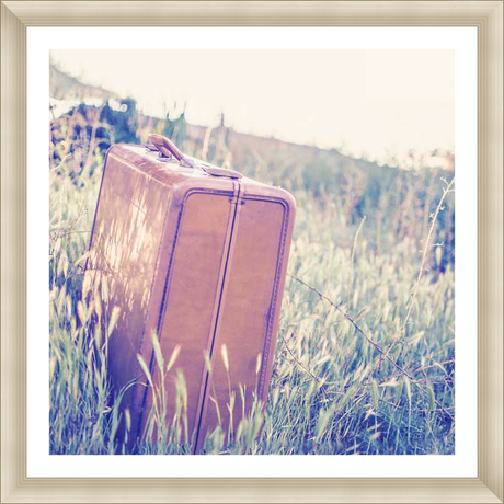 A vintage suitcase sits in a sun-drenched field of tall grass, creating a sense of nostalgia and travel. The artwork conveys a sense of journey, exploration, and a yearning for adventure.