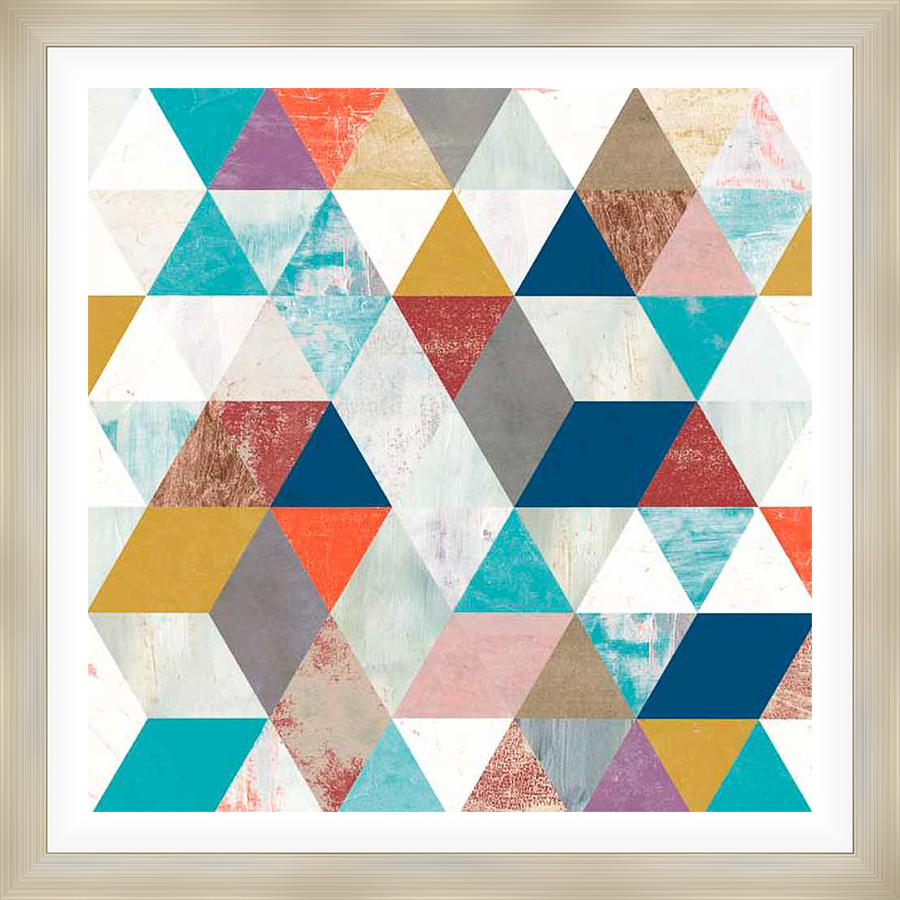 This abstract artwork features a geometric design with overlapping triangles in a variety of colors and textures. The piece adds a modern and artistic touch to any space, offering a sophisticated and contemporary aesthetic.