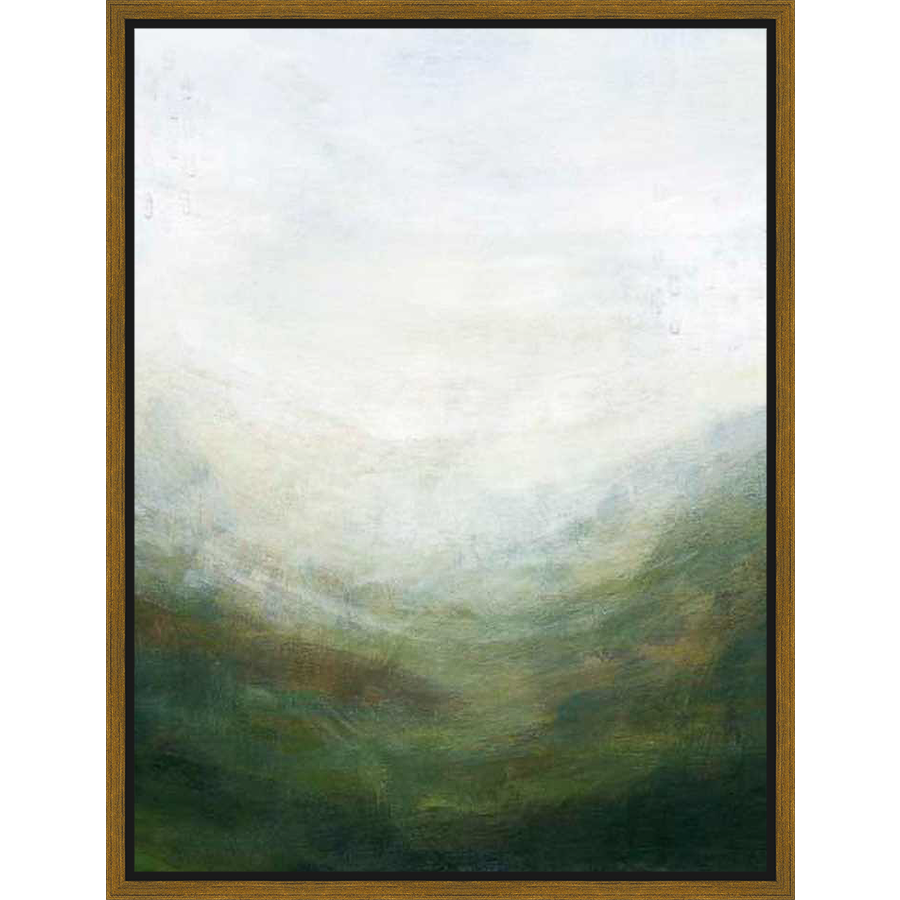 This abstract artwork evokes a serene landscape with a layered, textured appearance. The piece features blended colors and a soft, diffused atmosphere suggesting depth and tranquility. It would be a perfect addition to any living room or bedroom for a calming ambiance.