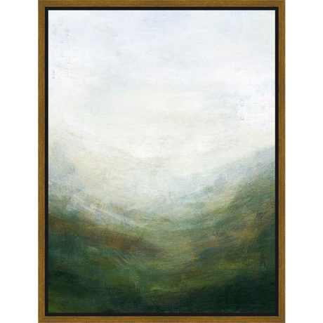 This abstract artwork evokes a serene landscape with a layered, textured appearance. The piece features blended colors and a soft, diffused atmosphere suggesting depth and tranquility. It would be a perfect addition to any living room or bedroom for a calming ambiance.
