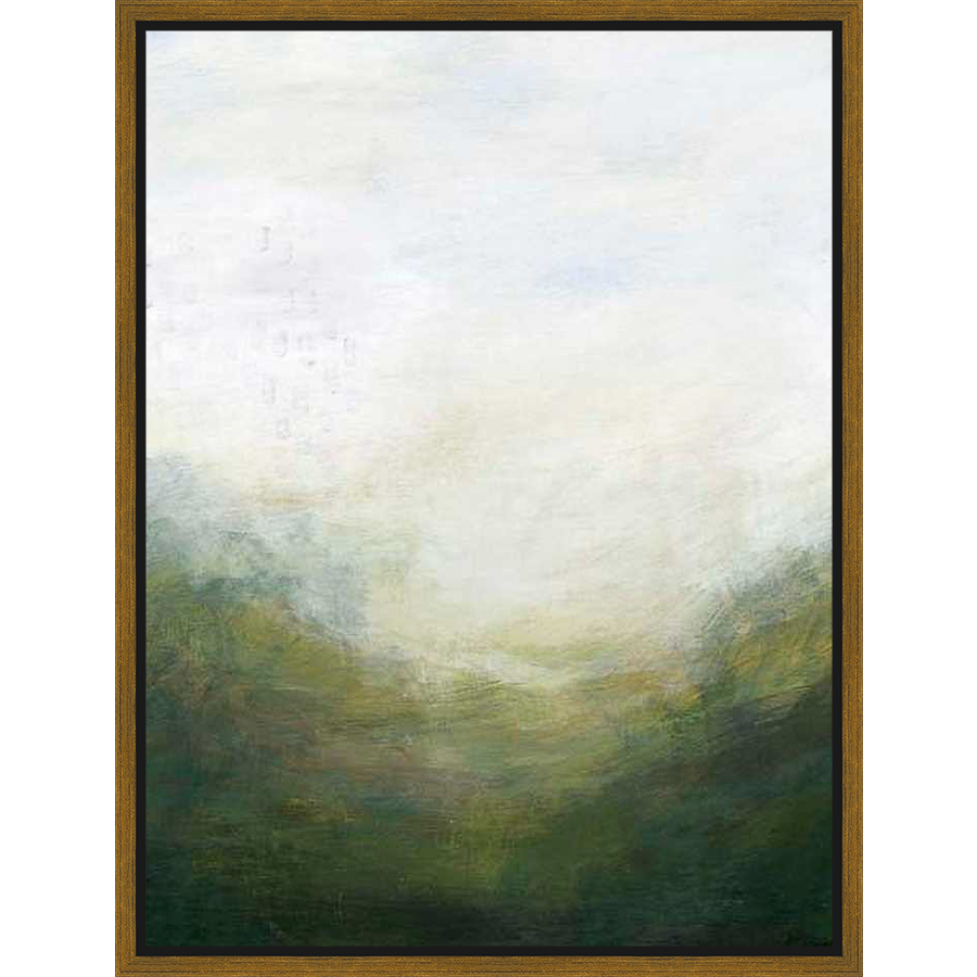 This abstract landscape painting captures the soft hues of a serene, hazy day. The artist uses blurred brushstrokes to suggest a blurred horizon with layered greens and a bright atmospheric sky. This piece is perfect for adding a touch of tranquility to any room.