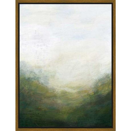 This abstract landscape painting captures the soft hues of a serene, hazy day. The artist uses blurred brushstrokes to suggest a blurred horizon with layered greens and a bright atmospheric sky. This piece is perfect for adding a touch of tranquility to any room.