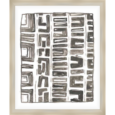 This abstract artwork features a unique geometric pattern, resembling ancient script or a stylized cityscape. The contrasting shades of gray and white create a sophisticated and artistic aesthetic, perfect for adding a touch of modern elegance to any space.
