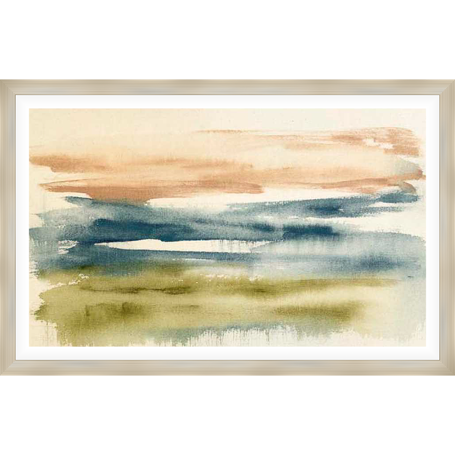 This abstract watercolor piece evokes a serene landscape with layers of color and texture. Soft brushstrokes create a sense of depth and movement, making it a perfect addition to any space seeking a touch of modern art.