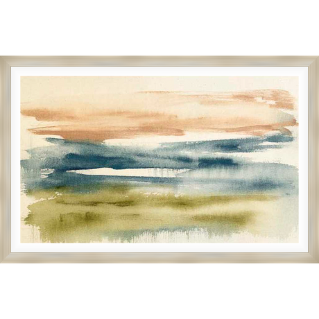This abstract watercolor piece evokes a serene landscape with layers of color and texture. Soft brushstrokes create a sense of depth and movement, making it a perfect addition to any space seeking a touch of modern art.