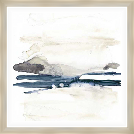 This abstract artwork evokes the serene beauty of a coastal landscape, rendered with fluid brushstrokes and a minimalist aesthetic. The composition features layered washes of color that create a sense of depth and tranquility, making it a perfect addition to any contemporary space.