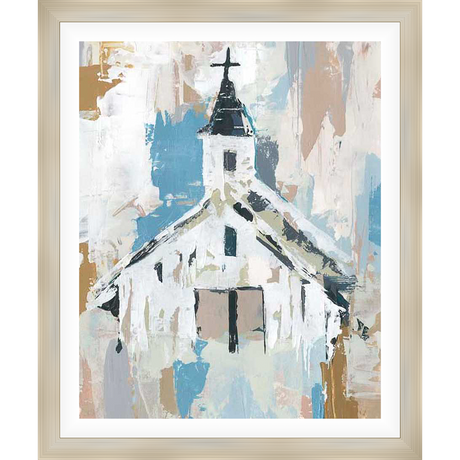 This striking artwork depicts a white church, painted with bold brushstrokes and an impressionistic style. The painting captures the essence of a simple rural church, accented by the cross atop the steeple. It adds a touch of serenity and a rustic charm to any space.