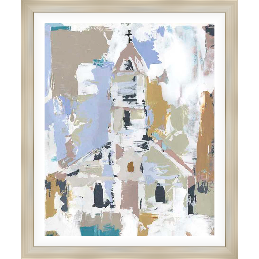 This abstract artwork depicts a church with a cross, employing a layered and textured style. The artist uses loose brushstrokes and a muted color palette to capture the essence of the building. The painting conveys a sense of peace and reflection.