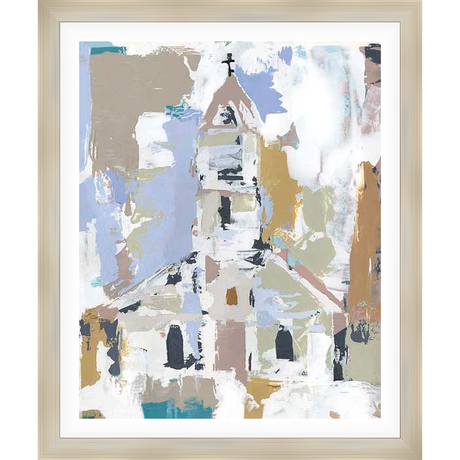 This abstract artwork depicts a church with a cross, employing a layered and textured style. The artist uses loose brushstrokes and a muted color palette to capture the essence of the building. The painting conveys a sense of peace and reflection.