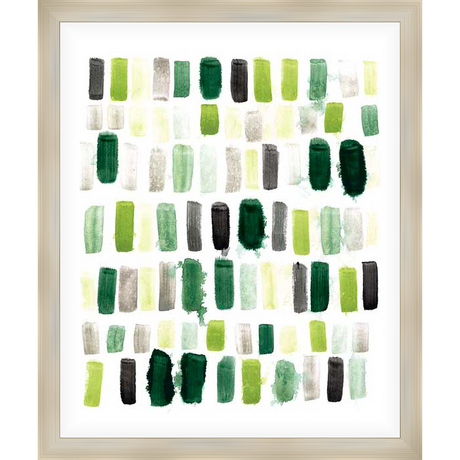 A modern abstract piece, this artwork features a grid of brushstroke-style rectangles in various shades of green, grey, and black against a white background. The composition evokes a sense of movement and texture.
