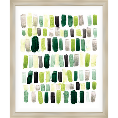 This abstract artwork features a pattern of layered brushstrokes in various shades of green, grey, and black against a white background. The piece evokes a sense of rhythm and texture.