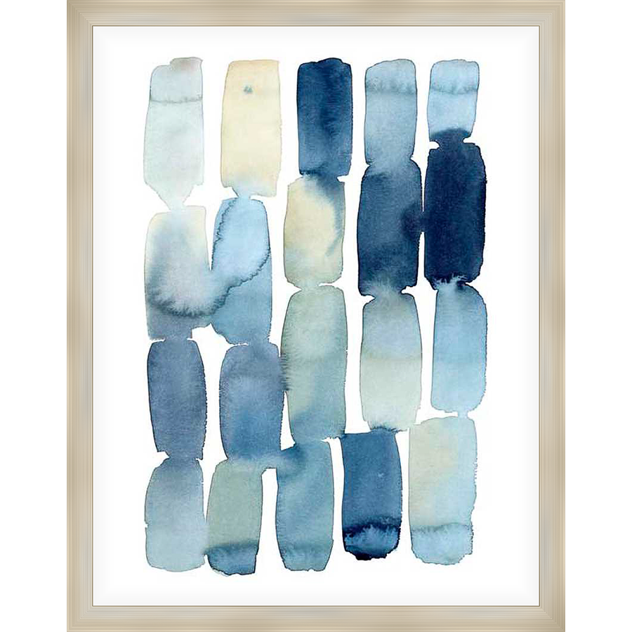 This abstract art piece features a grid of overlapping rectangular shapes in varying shades of blue. The watercolor effect and gradient transitions add depth and visual interest, making it a calming and sophisticated addition to any space.