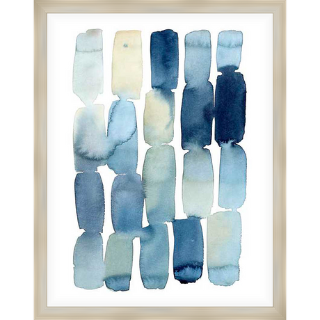 This abstract art piece features a grid of overlapping rectangular shapes in varying shades of blue. The watercolor effect and gradient transitions add depth and visual interest, making it a calming and sophisticated addition to any space.
