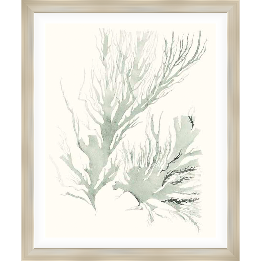 A delicate watercolor print showcases an abstract representation of what could be coral or seaweed, with soft washes of color creating depth and texture. This serene artwork is perfect for adding a touch of coastal elegance to any space.