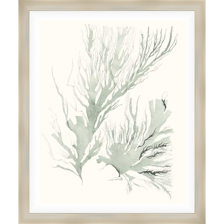 A delicate watercolor print showcases an abstract representation of what could be coral or seaweed, with soft washes of color creating depth and texture. This serene artwork is perfect for adding a touch of coastal elegance to any space.