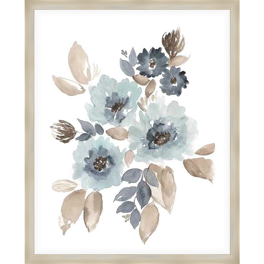 A watercolor painting showcasing a delicate floral arrangement. The artwork features muted blues and browns, creating a tranquil and elegant atmosphere. Perfect for adding a touch of nature-inspired art to any room.