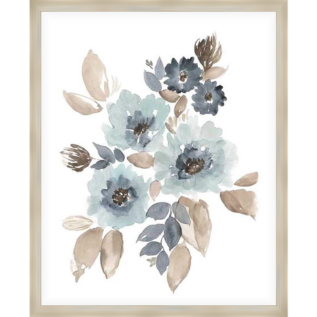 A watercolor painting showcasing a delicate floral arrangement. The artwork features muted blues and browns, creating a tranquil and elegant atmosphere. Perfect for adding a touch of nature-inspired art to any room.