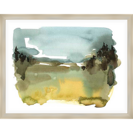 A serene watercolor landscape painting captures the essence of nature. This artwork evokes tranquility with its soft hues and abstract representation of a natural scene. Perfect for adding a touch of serenity to any space.