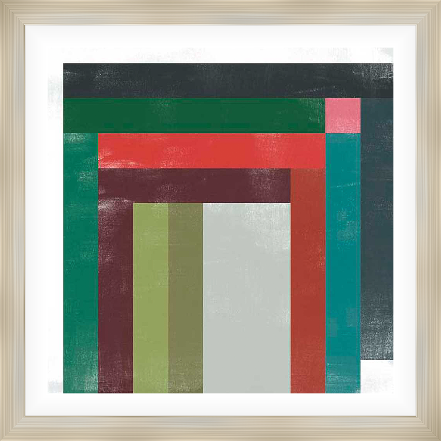 Geometric abstract art showcases a layered composition of bold colors and textured strokes. This striking piece creates depth and visual interest, perfect for modern decor.