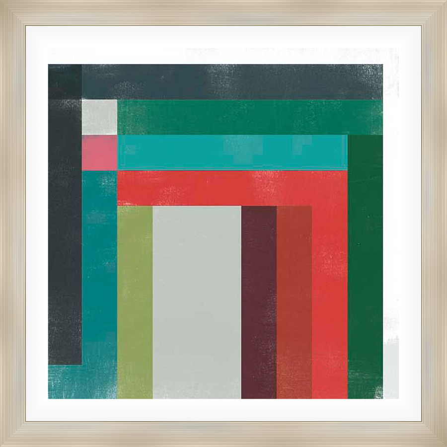 A contemporary abstract artwork showcasing a geometric design with layered rectangular blocks in a vibrant palette. This piece adds a modern touch to any space.