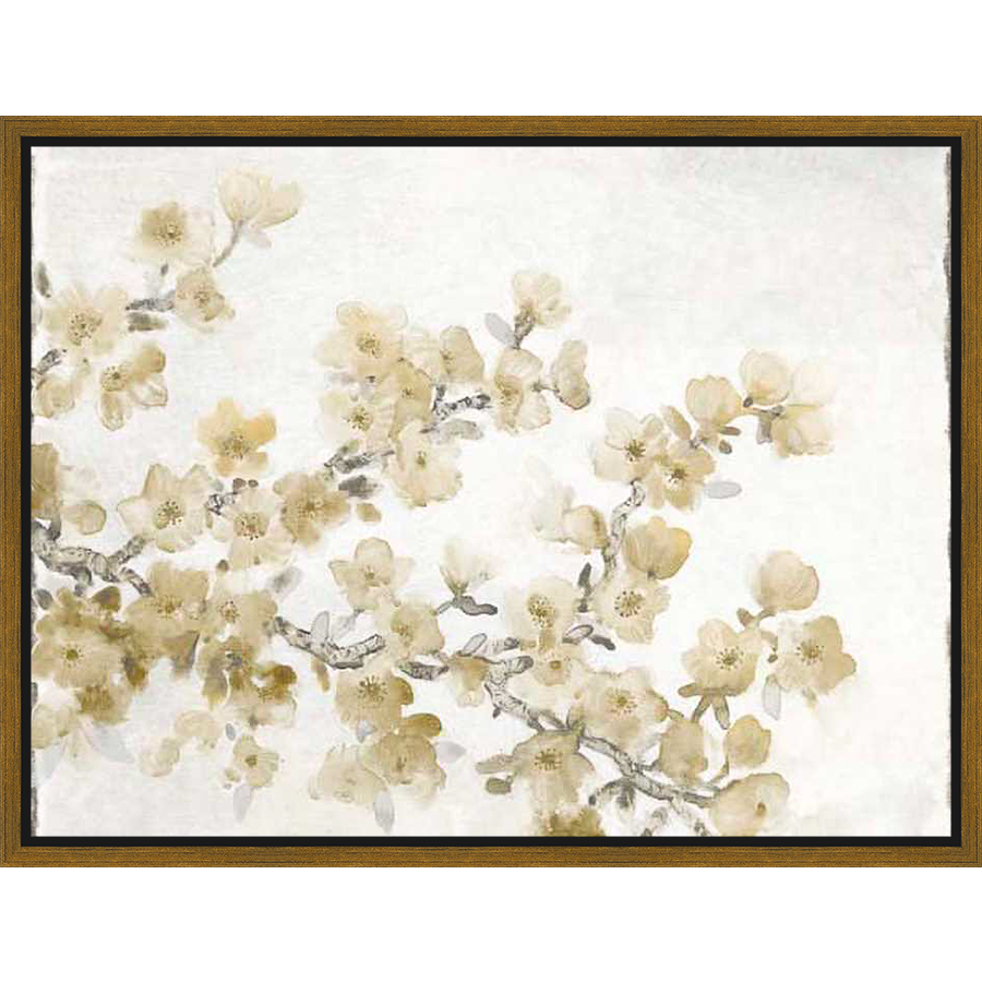 A delicate painting captures the ephemeral beauty of blossoming branches, featuring soft petals in muted tones against a light background. The artwork evokes a sense of tranquility and the gentle awakening of spring.
