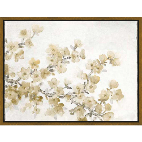 A delicate painting captures the ephemeral beauty of blossoming branches, featuring soft petals in muted tones against a light background. The artwork evokes a sense of tranquility and the gentle awakening of spring.