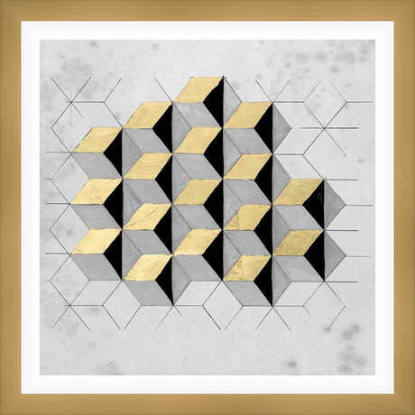 This stunning piece showcases a geometric design featuring interlocking cubes with varying shades of grey, black and gold. The artwork features an intriguing interplay of light and shadow, creating a visually captivating effect and is printed on a light grey background with delicate linear details.