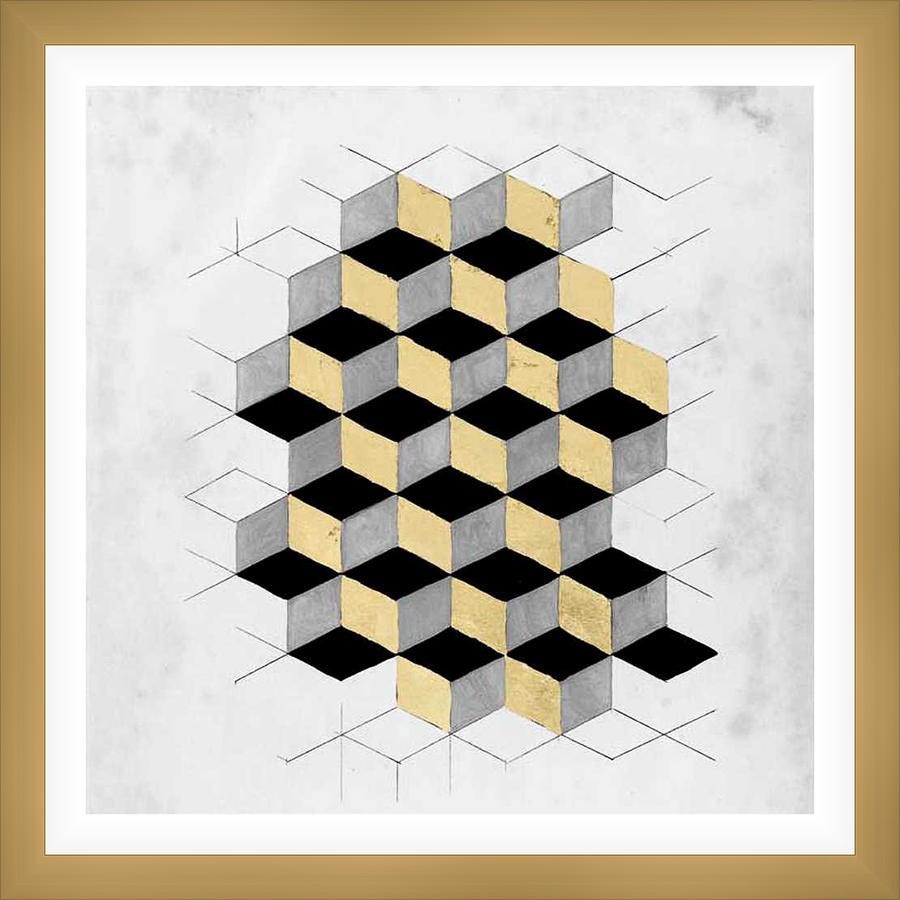This abstract artwork features a mesmerizing geometric design of interconnected cubes in shades of black, grey, and gold, creating a captivating visual depth. This piece is perfect for adding a touch of modern sophistication to any space.