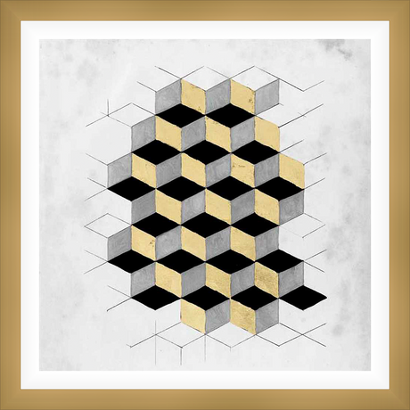 This abstract artwork features a mesmerizing geometric design of interconnected cubes in shades of black, grey, and gold, creating a captivating visual depth. This piece is perfect for adding a touch of modern sophistication to any space.