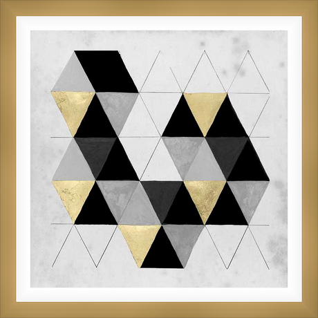 This abstract artwork features a geometric design with triangles of varying shades and metallic gold leaf accents. The piece is a modern addition to any home decor, bringing a touch of contemporary art to your space.