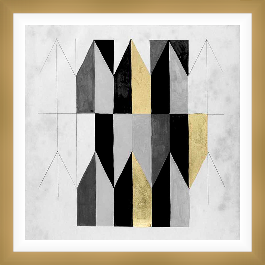 This art print showcases an abstract geometric design with bold shapes and a striking use of color. The artwork features a balanced composition of repeating forms, creating a visually captivating piece perfect for adding modern flair to any space.