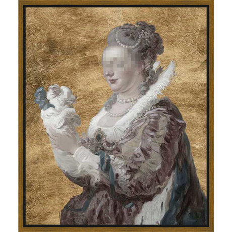 A regal figure, reminiscent of a bygone era, is depicted holding a small, fluffy companion. The artwork showcases the elegance of classic portraiture, with intricate details in the subject's attire and a rich, textured backdrop. This piece captures a moment of refined grace.