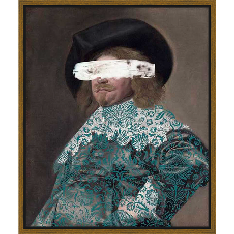 This captivating artwork reimagines a classical portrait with a contemporary twist, blending traditional oil painting techniques with a modern aesthetic. The piece features a person with a white streak covering the eyes, contrasted against the detailed pattern of their attire. It's a striking statement piece for any interior.