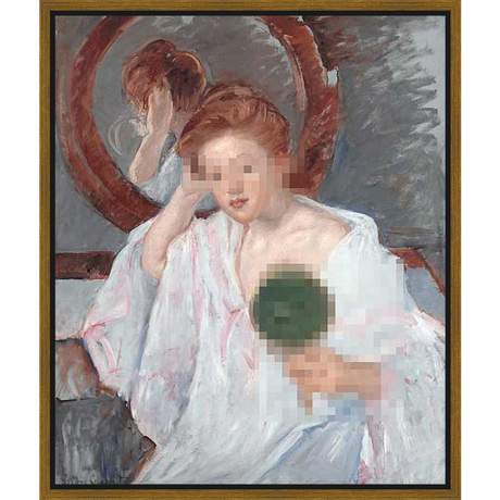 A timeless painting captures a woman at her toilette, reflected in a circular mirror. Rendered in soft, impressionistic strokes, the artwork evokes a sense of intimacy and introspection.