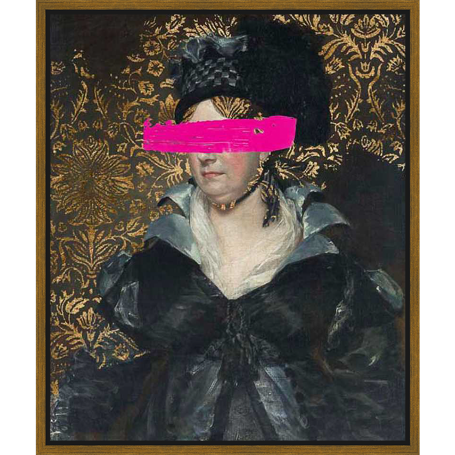 This striking piece of art features a classic portrait of a woman, reimagined with a modern twist. The historical figure is stylized with a contemporary and bold aesthetic. This eye-catching artwork blends traditional portraiture with a pop of modern color.